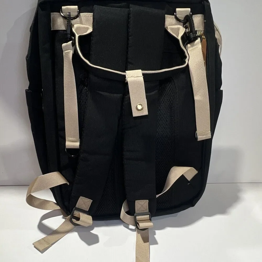 HKZ Solid Black/Beige Diaper Bag Backpack w/ Changing Pad, Inner/Outer Pockets